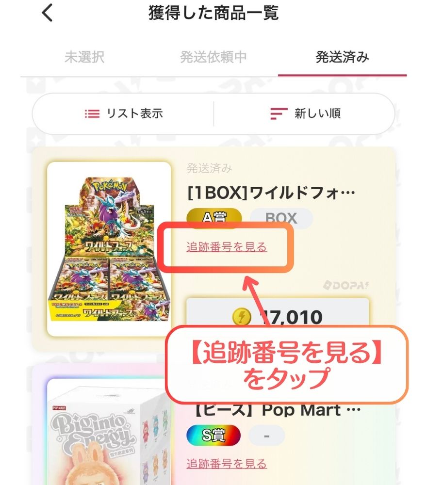 DOPAの追跡番号で配送状況を確認する画面