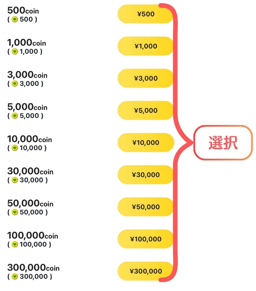 日本トレカセンターのコインチャージ金額選択画面