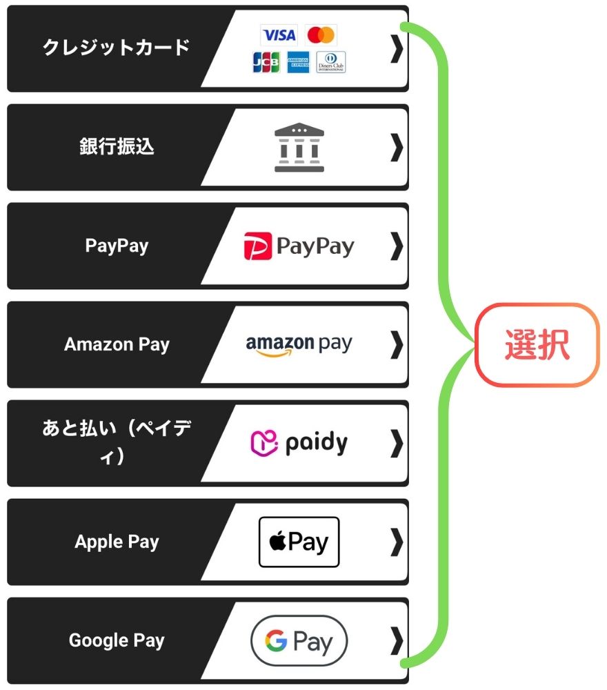 エクストレカ6つの支払い方法の選択画面