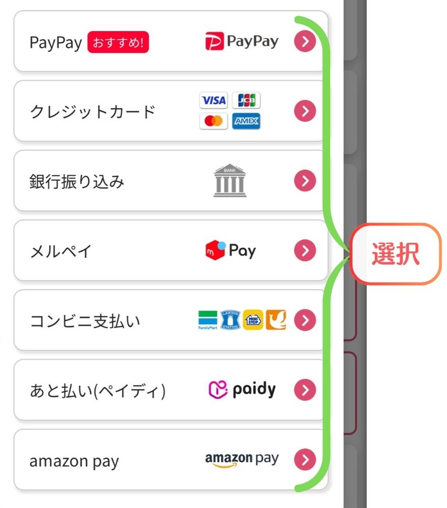 オリくじの支払い方法選択画面