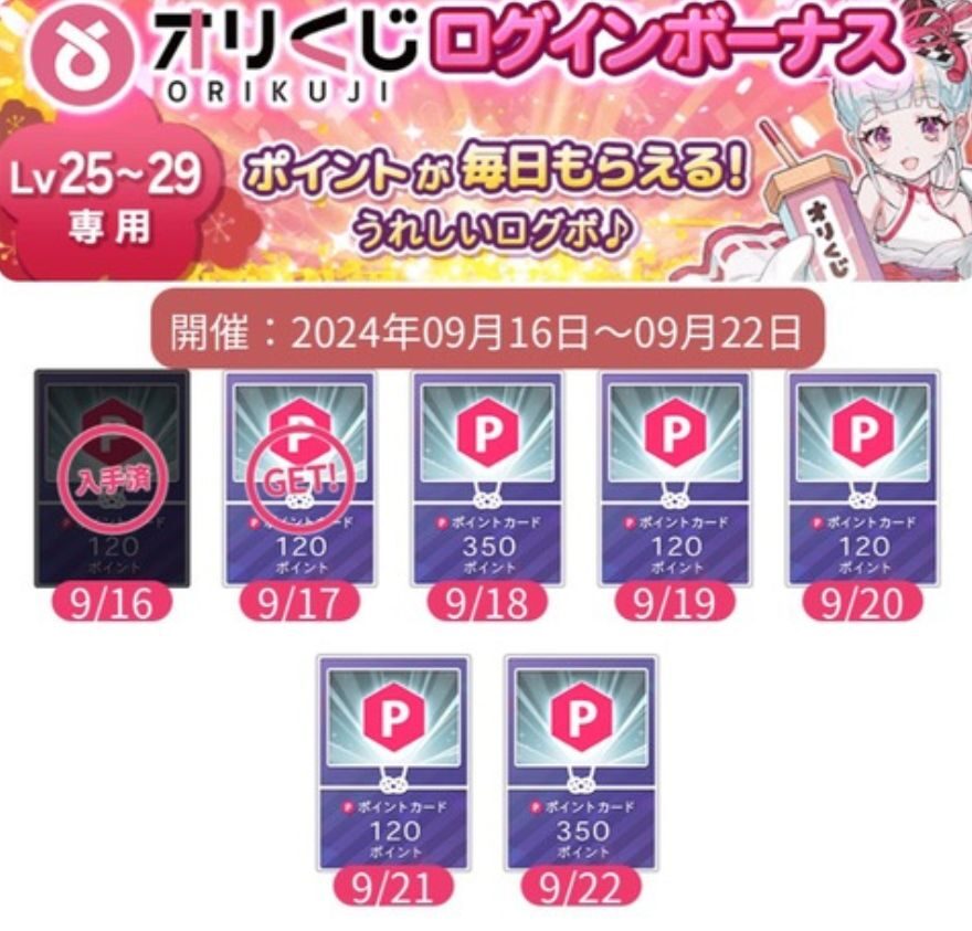 オリくじログインボーナス報酬Lv25〜29