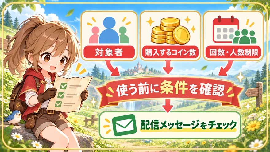クーポンの対象者、購入するコイン数、回数や人数制限を利用前に確認