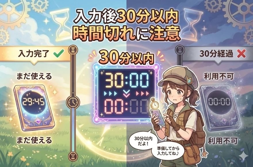 クーポン入力後に利用の制限時間がある