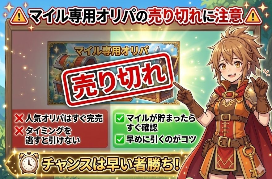 マイル専用オリパは売り切れになることがあるため、マイルが貯まったら早めに引くべきことを示した注意喚起の図解。人気オリパはすぐ完売する仕組みと対策を分かりやすくまとめたビジュアル