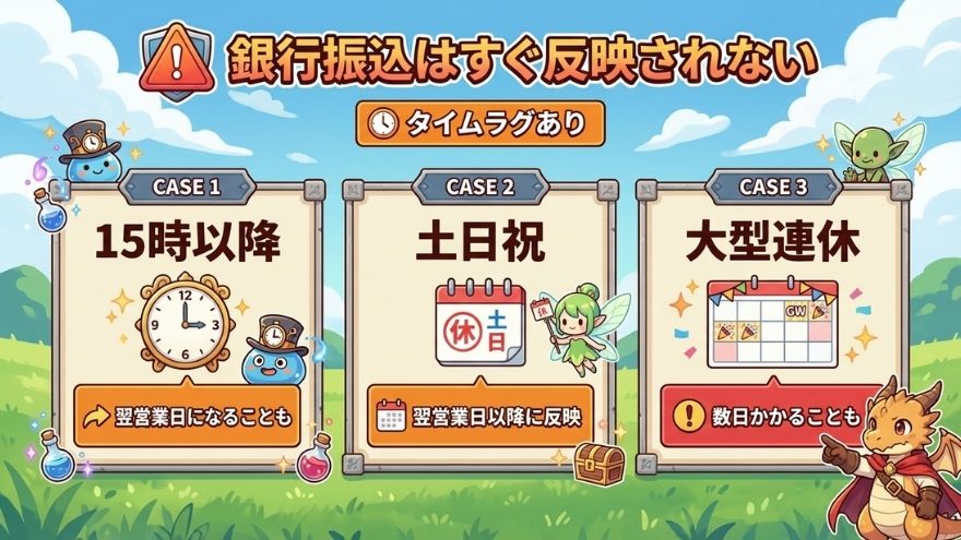 銀行振込は反映まで時間差がある