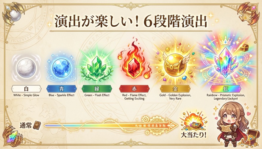 DOPAオリパ演出が楽しい 白青緑赤金虹の6段階演出ガチャエフェクト