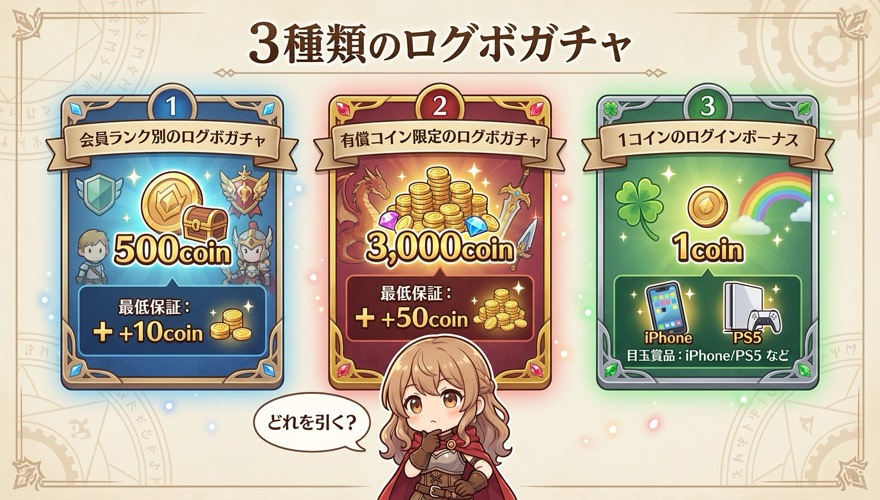 コインで引けるログボガチャ3種類の比較図解