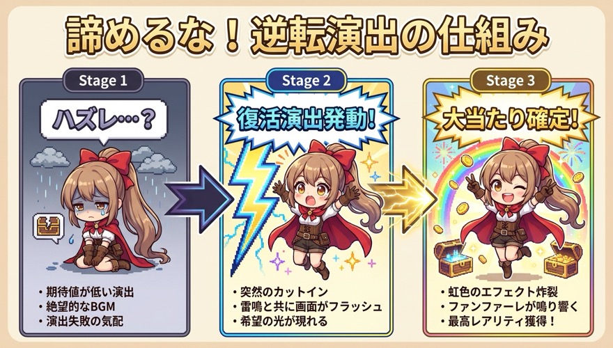 オリパワンの大逆転の復活演出を示す図解