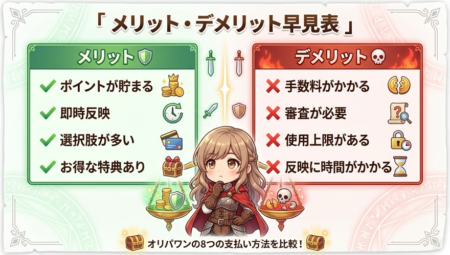 オリパワンの支払い方法のメリット・デメリット早見表