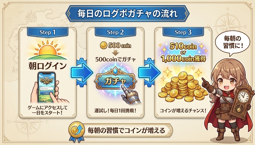オリくじログボガチャを毎日引くルーティンの図解