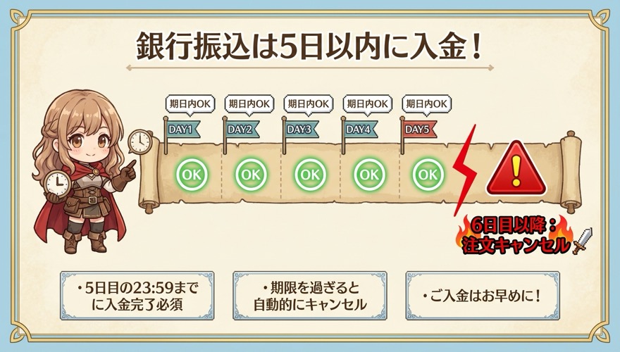 オリパワンの銀行振込は5日以内に入金が必要というカウントダウン図解