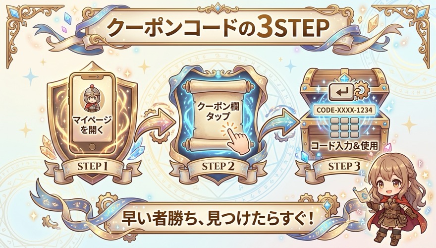 エクストレカのクーポン利用手順3STEPを示す図解