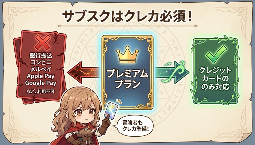 オリパワンのプレミアムプランはクレジットカードのみ対応という図解