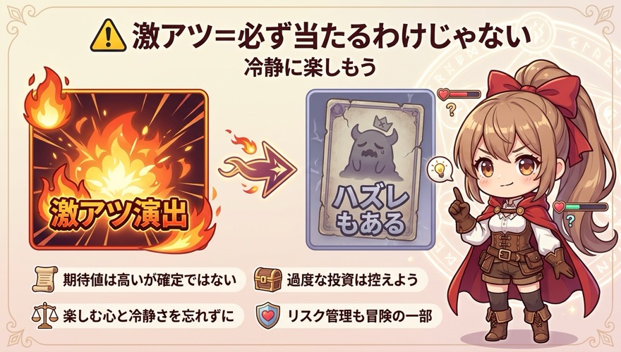 オリパワンで激アツ演出でも大当たりとは限らない注意点を示す図解