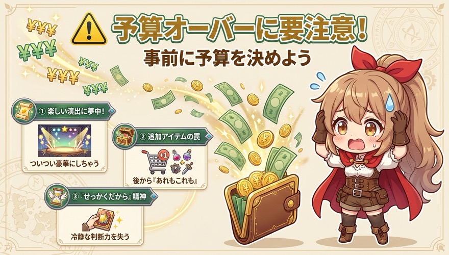 オリパワンで演出に夢中になり予算オーバーする注意点を示す図解