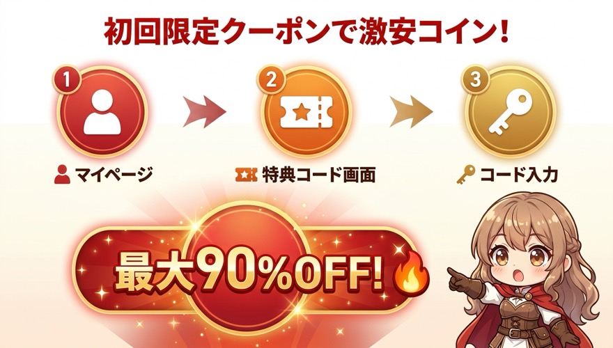初回限定クーポンでコイン購入する手順を示す図解