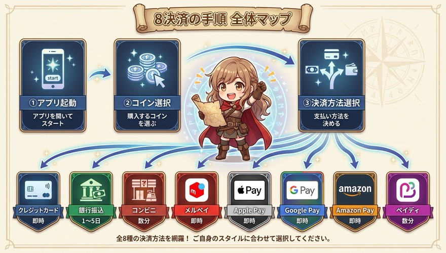 オリパワンの8決済の手順を一枚で示した全体マップ