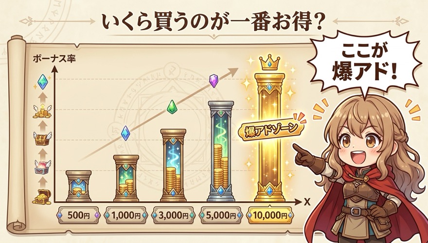 オリパワンでいくらコインを買うのが一番お得かを示す爆アドゾーン図解