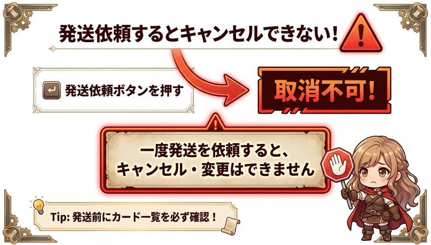 DOPAの発送依頼後はキャンセルできないことを示す警告図解