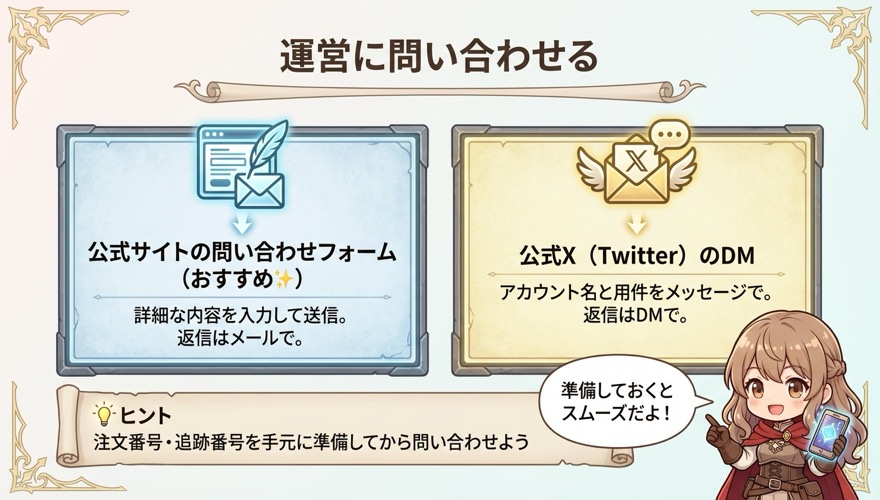 DOPAの運営に問い合わせる方法を示す連絡先カード図解