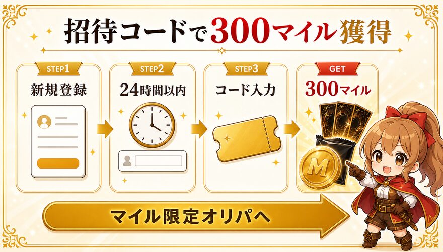 日本トレカセンター 招待コード利用で300マイル獲得の図解