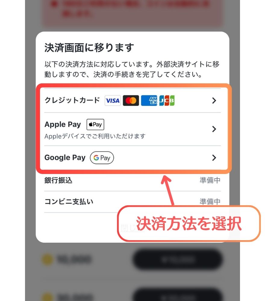 おりパンダ 購入するコイン・支払い方法を選択