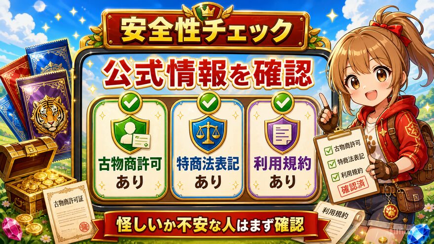 TORAオリパの古物商許可や特商法表記を確認する安全性図解