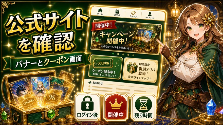 Reveオリパ公式サイトのバナーとクーポン画面を確認する図解