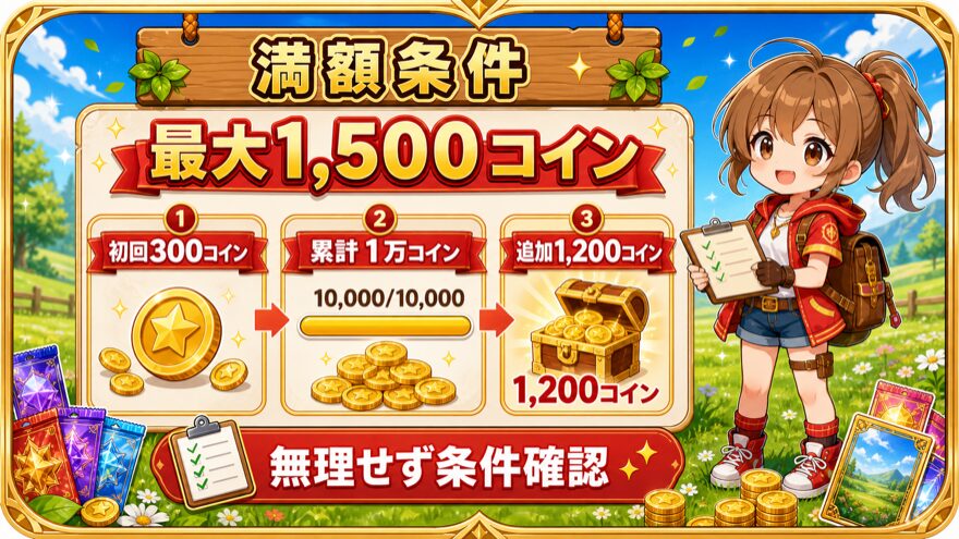 オリパスマッシュ最大1500コイン特典の条件図解