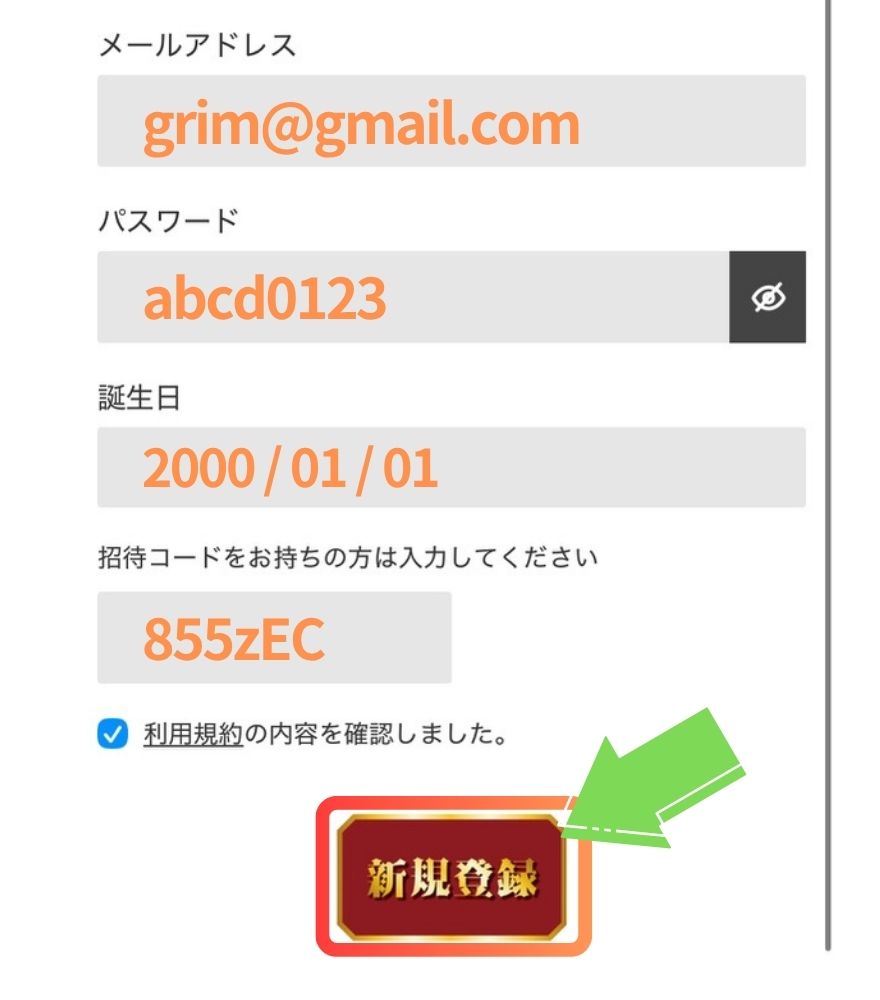 GRIMオリパ新規登録手順2 メールアドレス入力画面