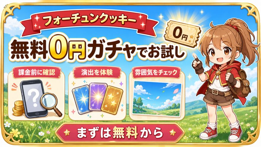 フォーチュンクッキーの無料0円ガチャを示す図解
