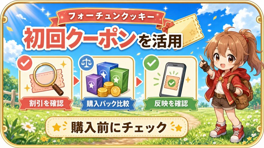 フォーチュンクッキーの初回クーポン活用方法を示す図解