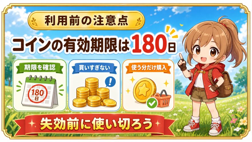 フォーチュンクッキーのコイン有効期限180日を示す図解