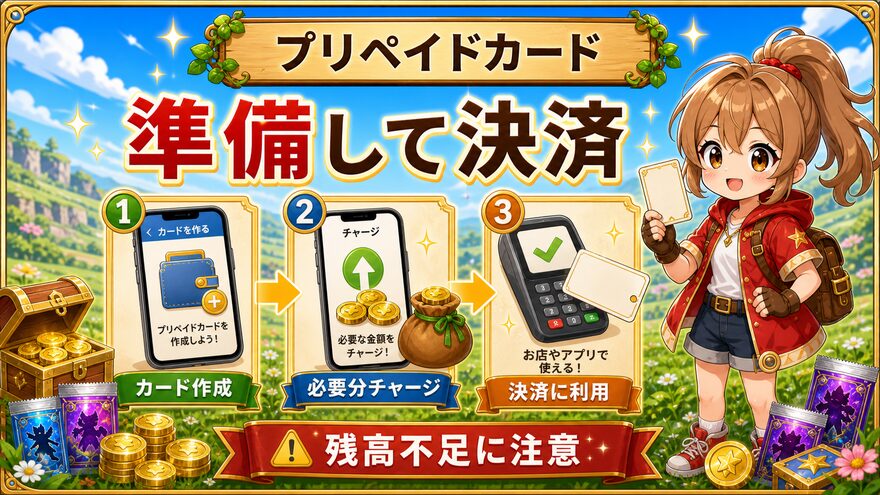 フォーチュンクッキーでプリペイドカードを準備して決済する流れを示す図解