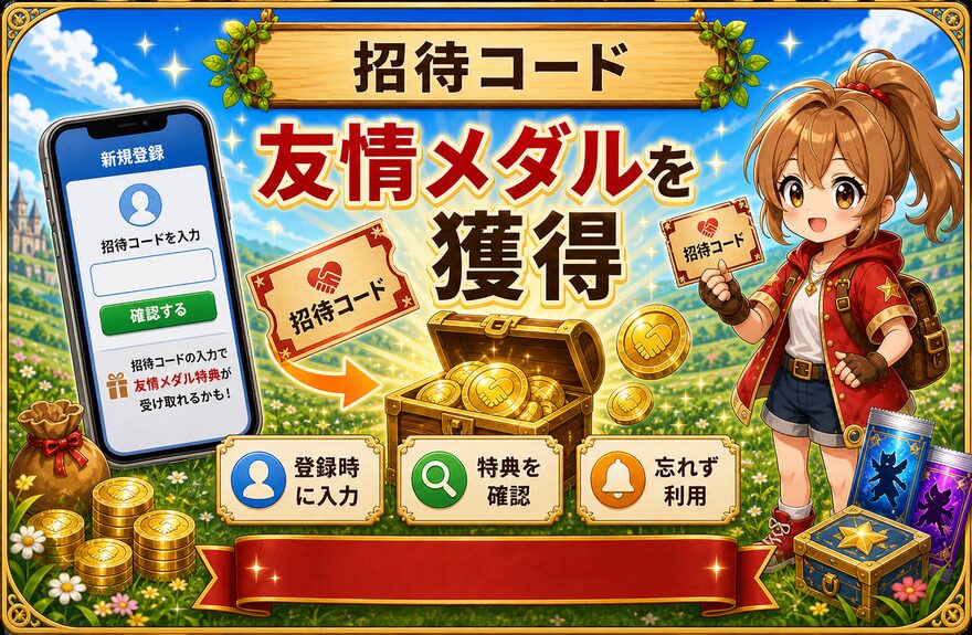 フォーチュンクッキーの招待コードで友情メダルを獲得する図解