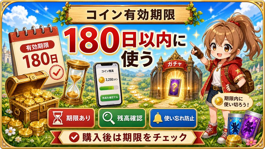 フォーチュンクッキーのコイン有効期限180日を示す図解
