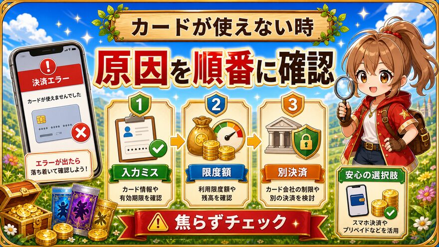 フォーチュンクッキーでカードが使えない時の確認手順を示す図解