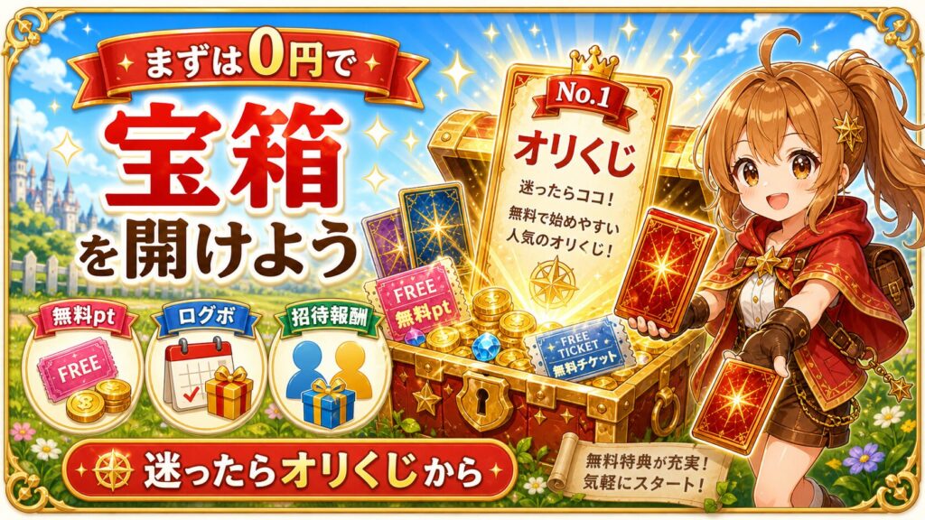 無料特典で0円から宝箱を開けるイメージと迷ったらオリくじから始めるまとめ図解