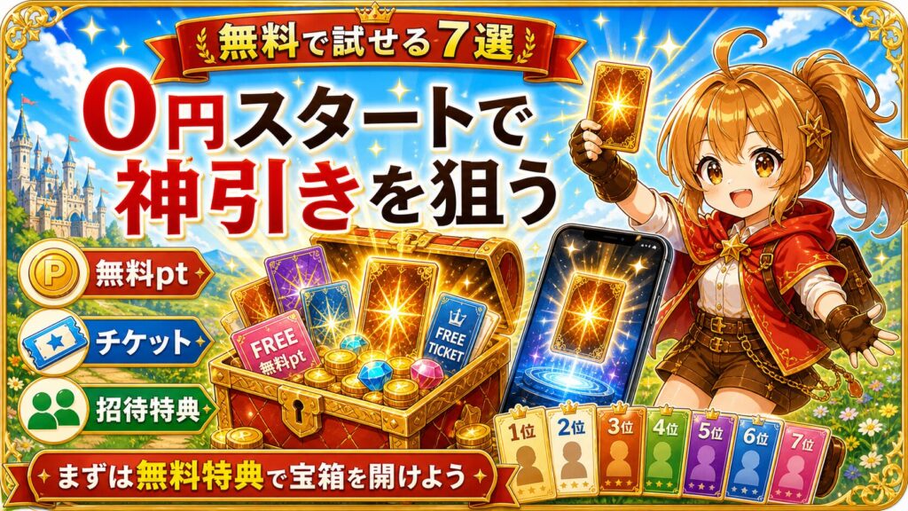 無料で試せるオンラインオリパ7選のアイキャッチ画像。0円スタートで神引きを狙う訴求。