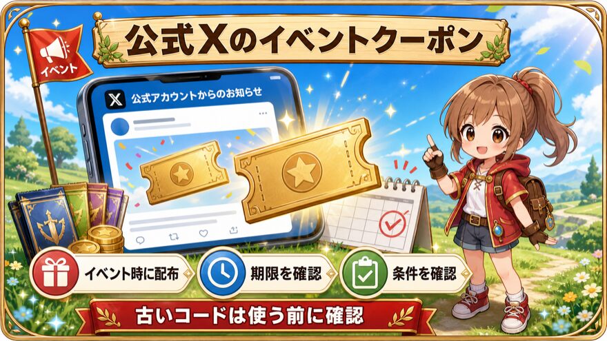 GRIMオリパの公式Xでイベントクーポンを確認する方法の図解