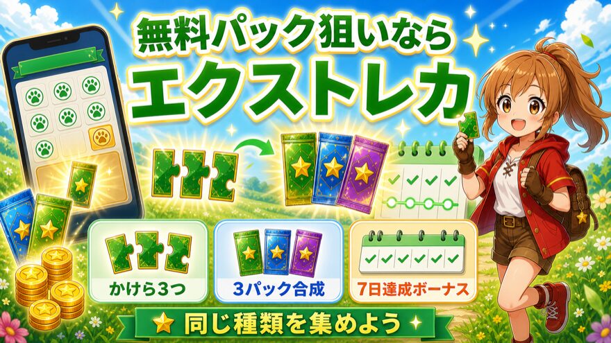 エクストレカのログインボーナスで無料パックを狙う流れを示す図解