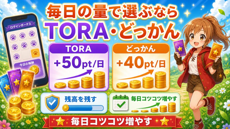 TORAオリパとどっかんトレカのログインボーナス量を示す図解