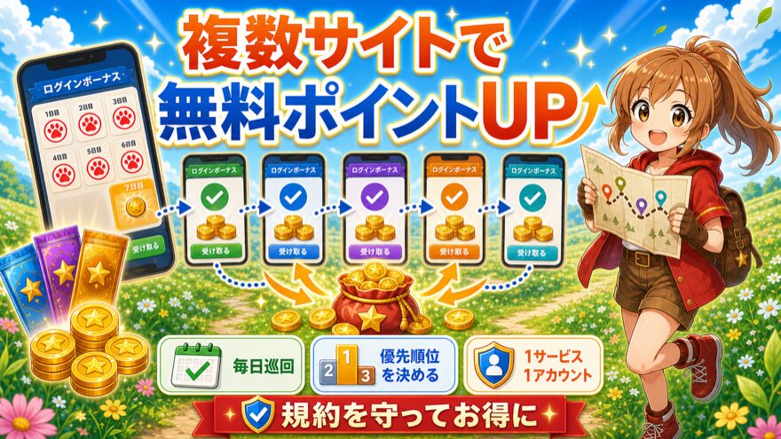 複数のオンラインオリパで無料ポイントを増やす方法を示す図解