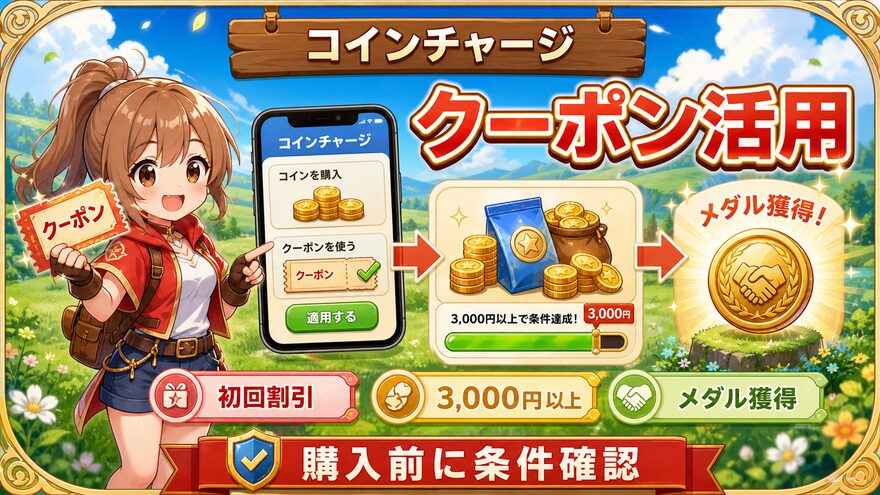 フォーチュンクッキーのクーポンを利用したコインチャージを示す図解