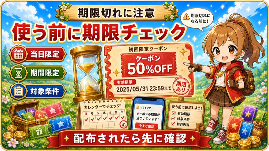 クーポンの有効期限切れ注意を示す図解