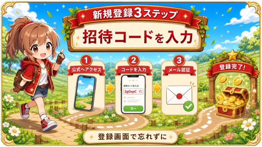 オリパワン招待コードを使った新規登録手順を示す図解