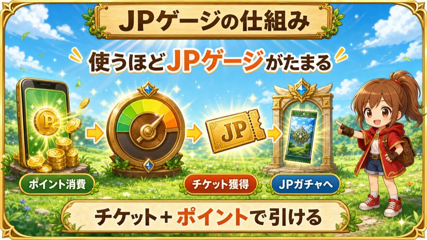 DOPAジャックポットのJPゲージからチケット獲得までの流れを示す図解
