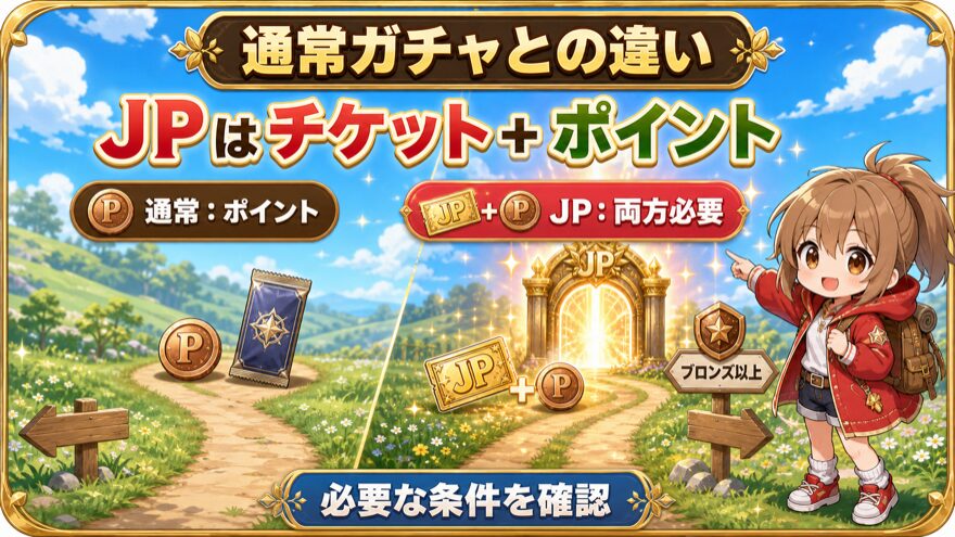 DOPA通常ガチャとJPガチャに必要な条件の違いを示す図解