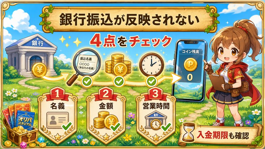 オリパスタジアムで銀行振込後にコインが反映されない時の確認ポイント