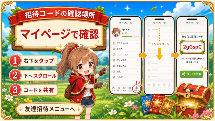 オリパワン自分の招待コード確認方法を示す図解